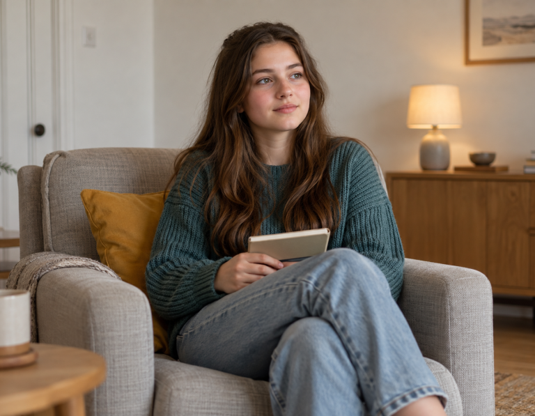 Illustrative image of a young person reflecting with a notebook in a calm setting